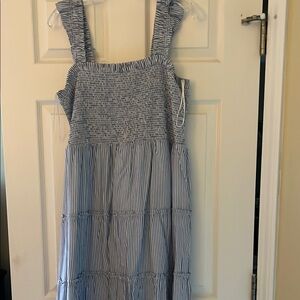 J. Crew Factory Blue and White Striped Smocked Midi Dress